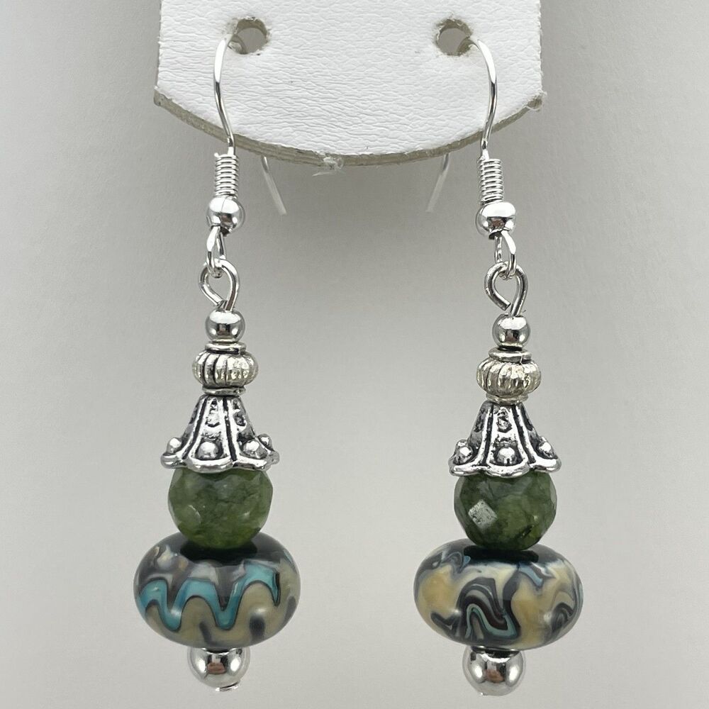 Stunning Murano Swirled Glass Green Jade Beaded Dangle Earrings Silver Tone Boho